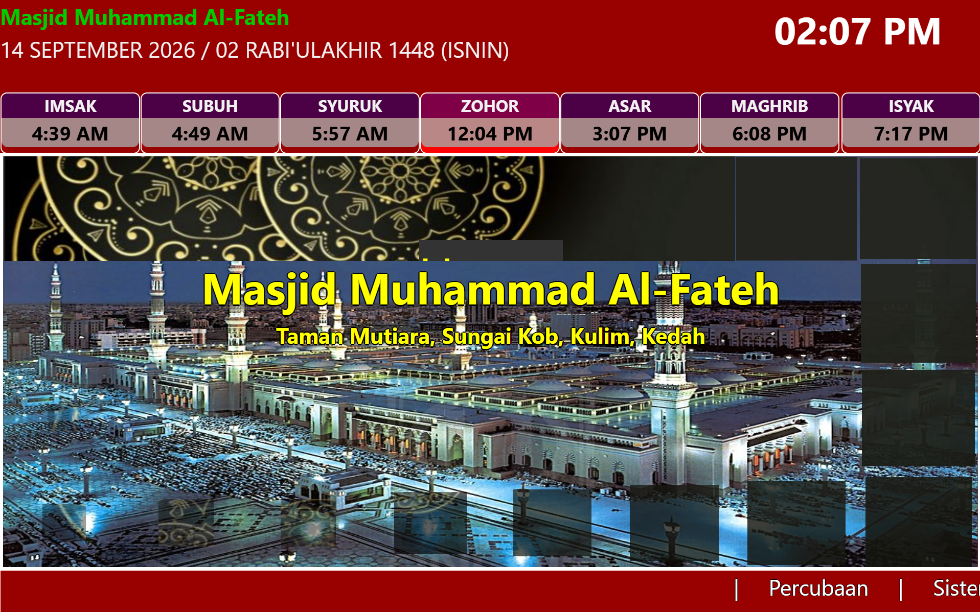 Contoh paparan waktu solat dengan panel di bahagian atas