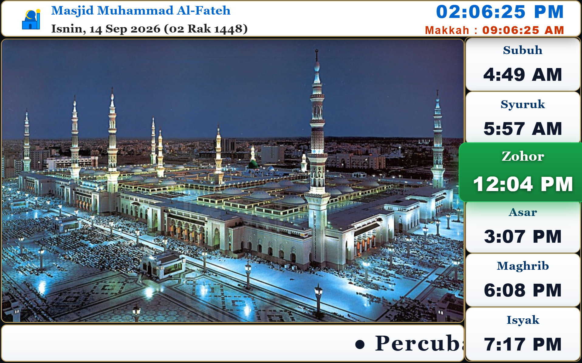 Contoh reka bentuk baharu paparan waktu solat dengan panel di sebelah kanan